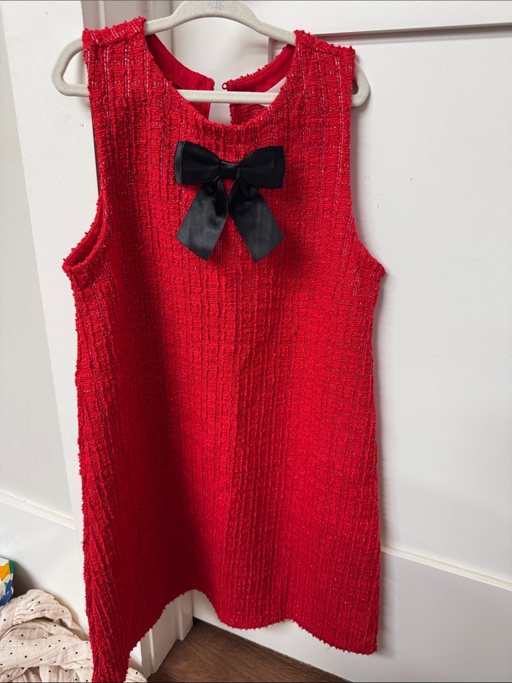 H&M Red Sleeveless Tweed Dress with Black Bow for Girls